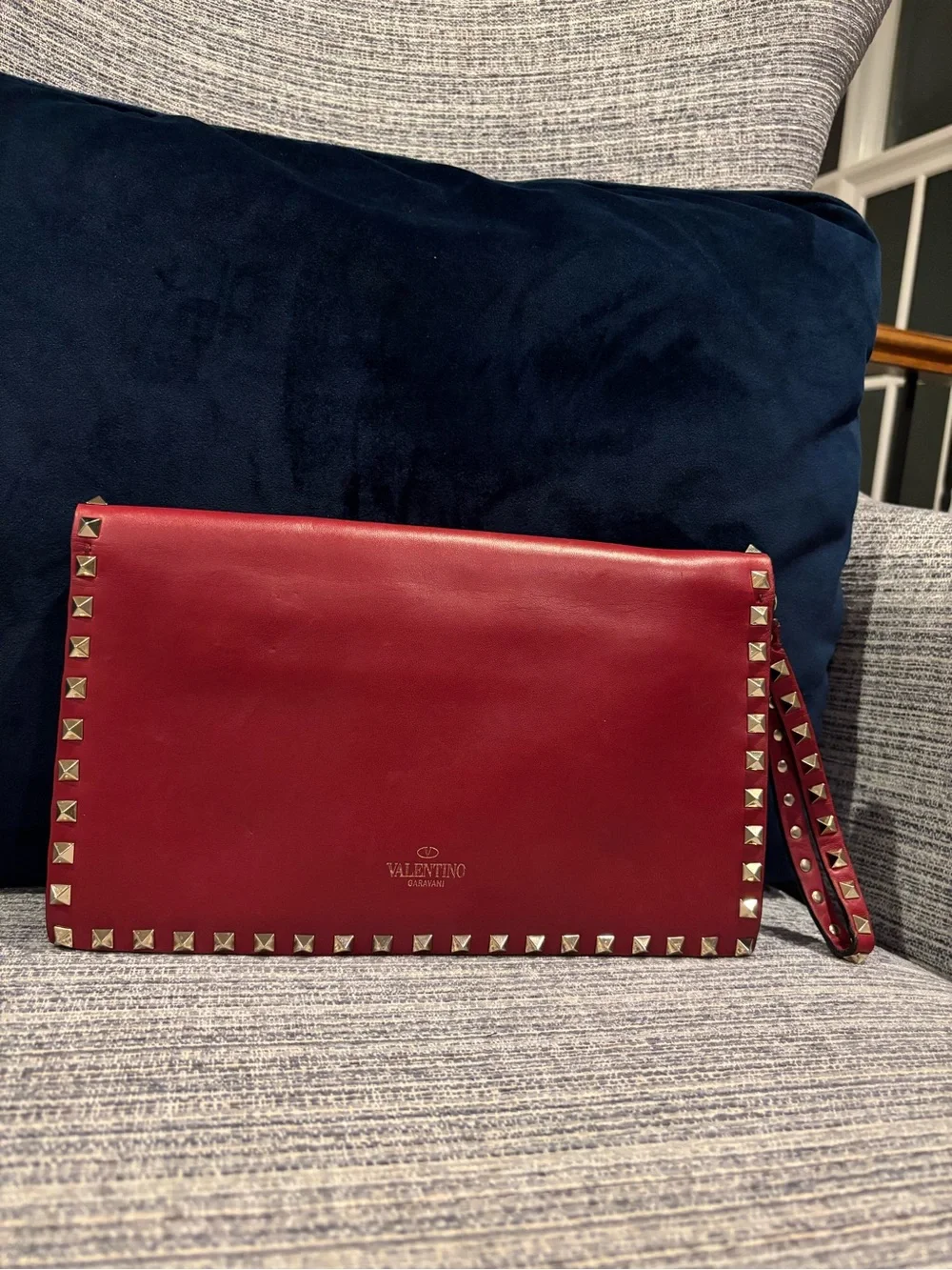 Valentino Red Leather Stud-Trim Wristlet Clutch